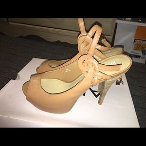 Tan leather peep-toe slingback heels
